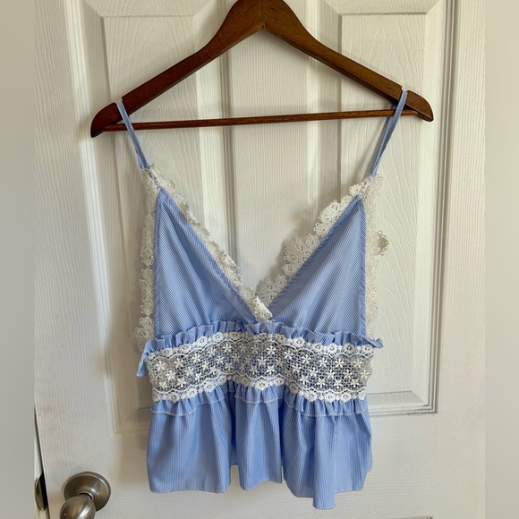 SHEIN Tops - SHEIN Blue and White Lace Trim Tank Top